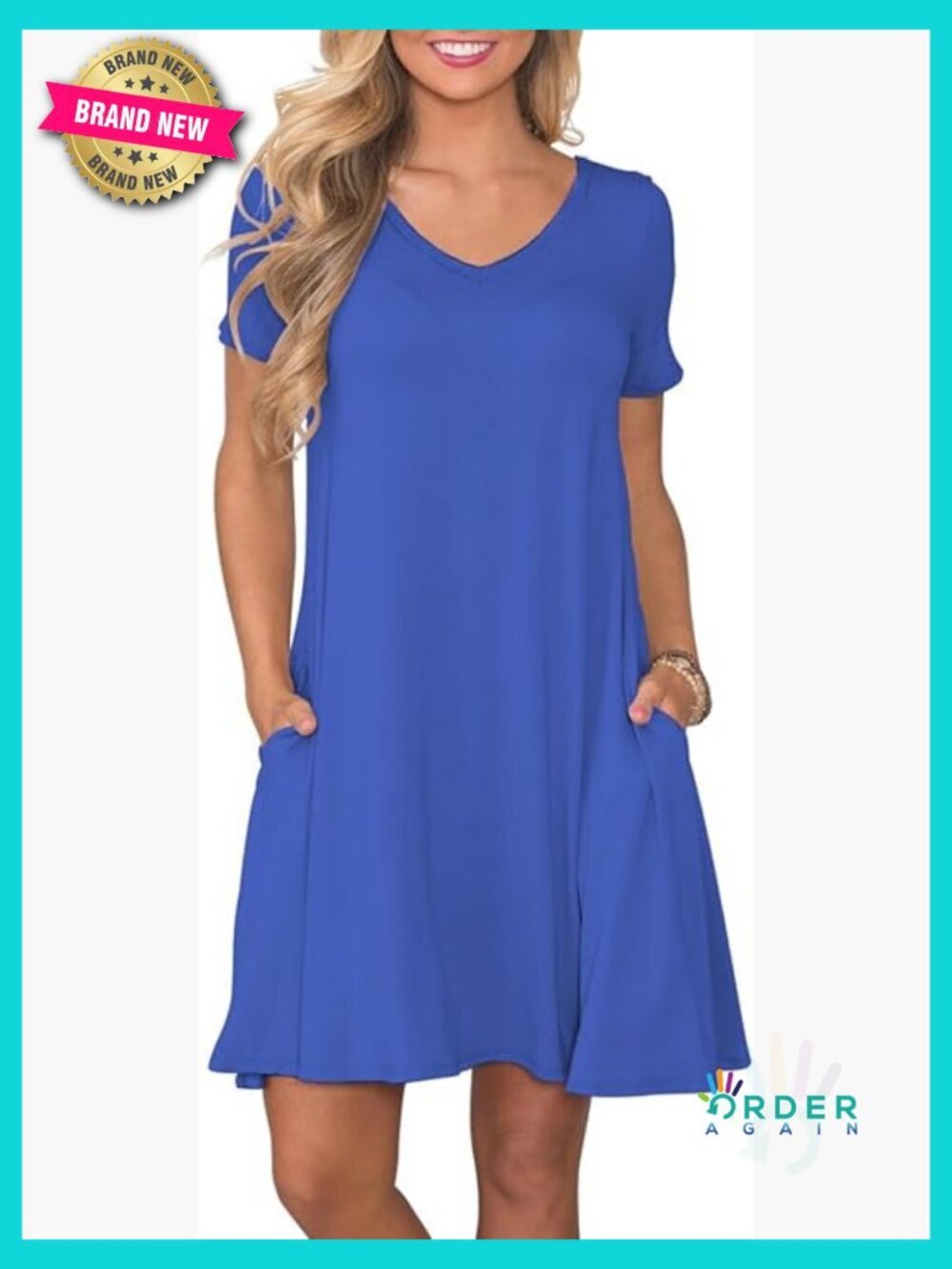 Soft Rayon Swing Dress Casual Loose Fit V-Neck Short Sleeve with Pockets